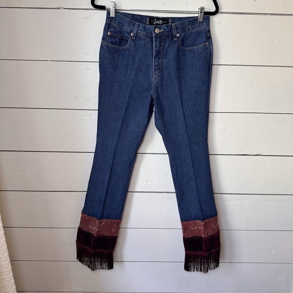 Vtg 90s Jeans Velvet Patchwork Hem Fringe Straight Leg‎ 7/8 Festival Boho Hippie